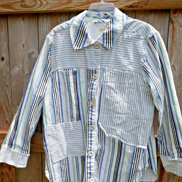 Anthropologie Jackets & Blazers - Anthropologie Maeve Striped Shirt Jacket Shacket Cotton Spandex Pocket Large